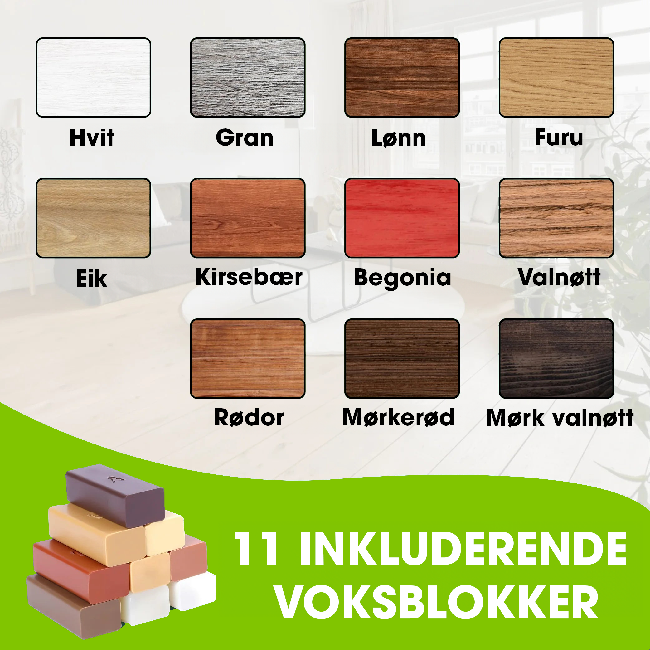 11-pakk ekstra voks for trematerial, lister og gulv (Vanlige farger) - BeeFix™